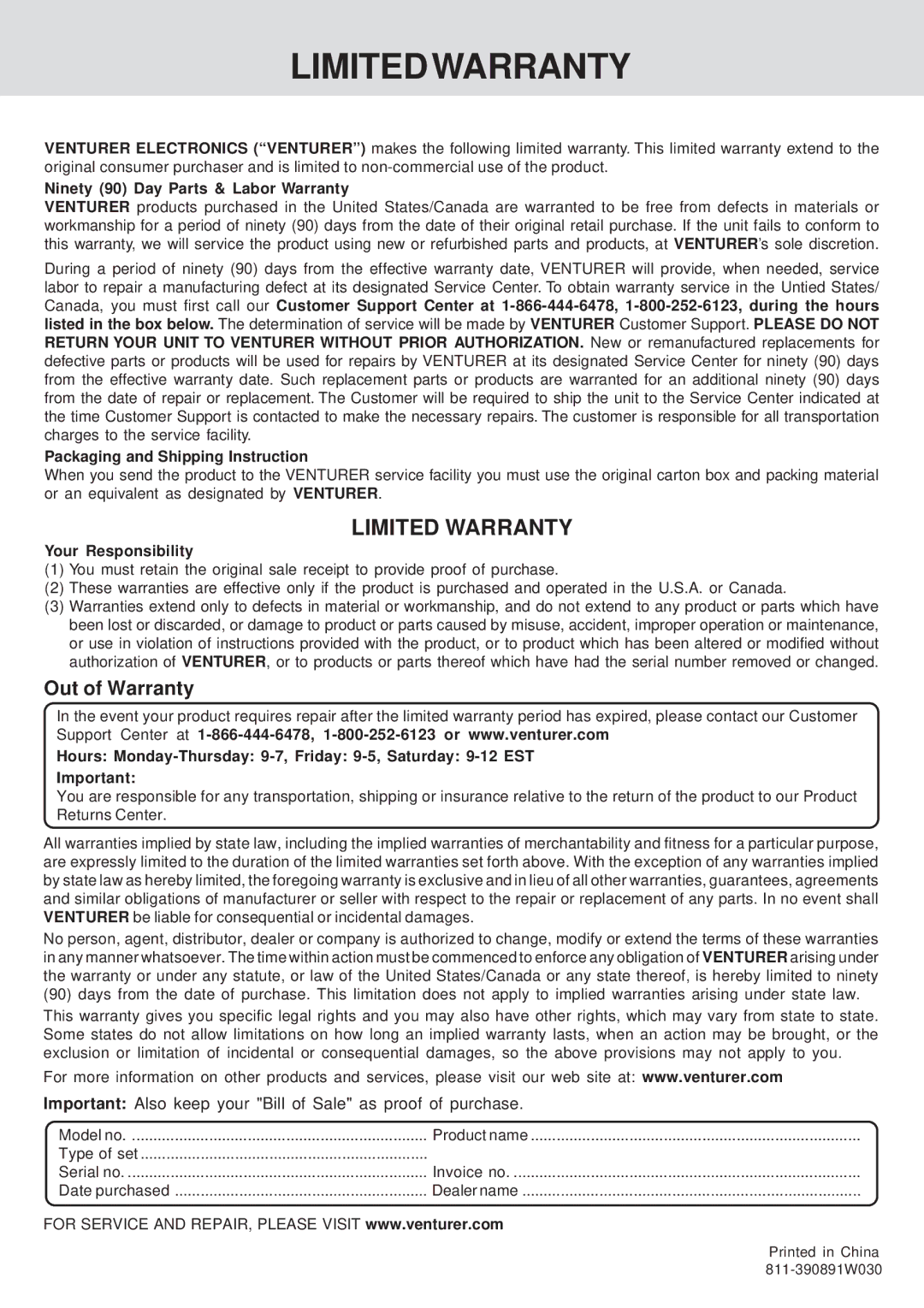 Venturer KLV39082 manual Limited Warranty 