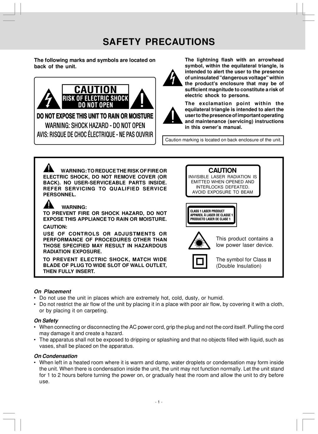 Venturer KLV39120 owner manual Safety Precautions, Following marks and symbols are located on back of the unit 