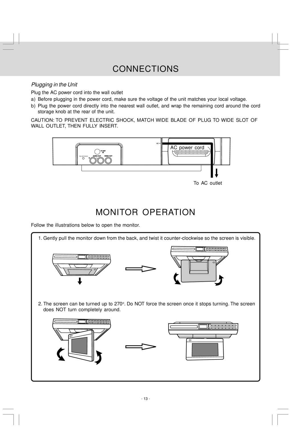 Venturer LCD Kitchen TV owner manual Monitor Operation, Plugging in the Unit, AC power cord, To AC outlet 