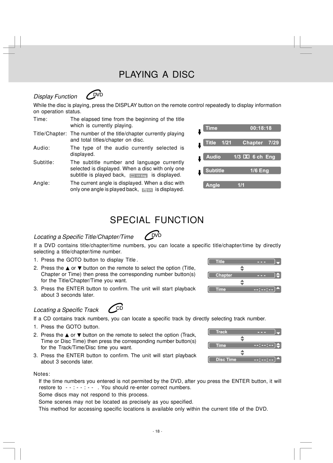 Venturer LCD Kitchen TV owner manual Special Function, Display Function, Locating a Specific Title/Chapter/Time 