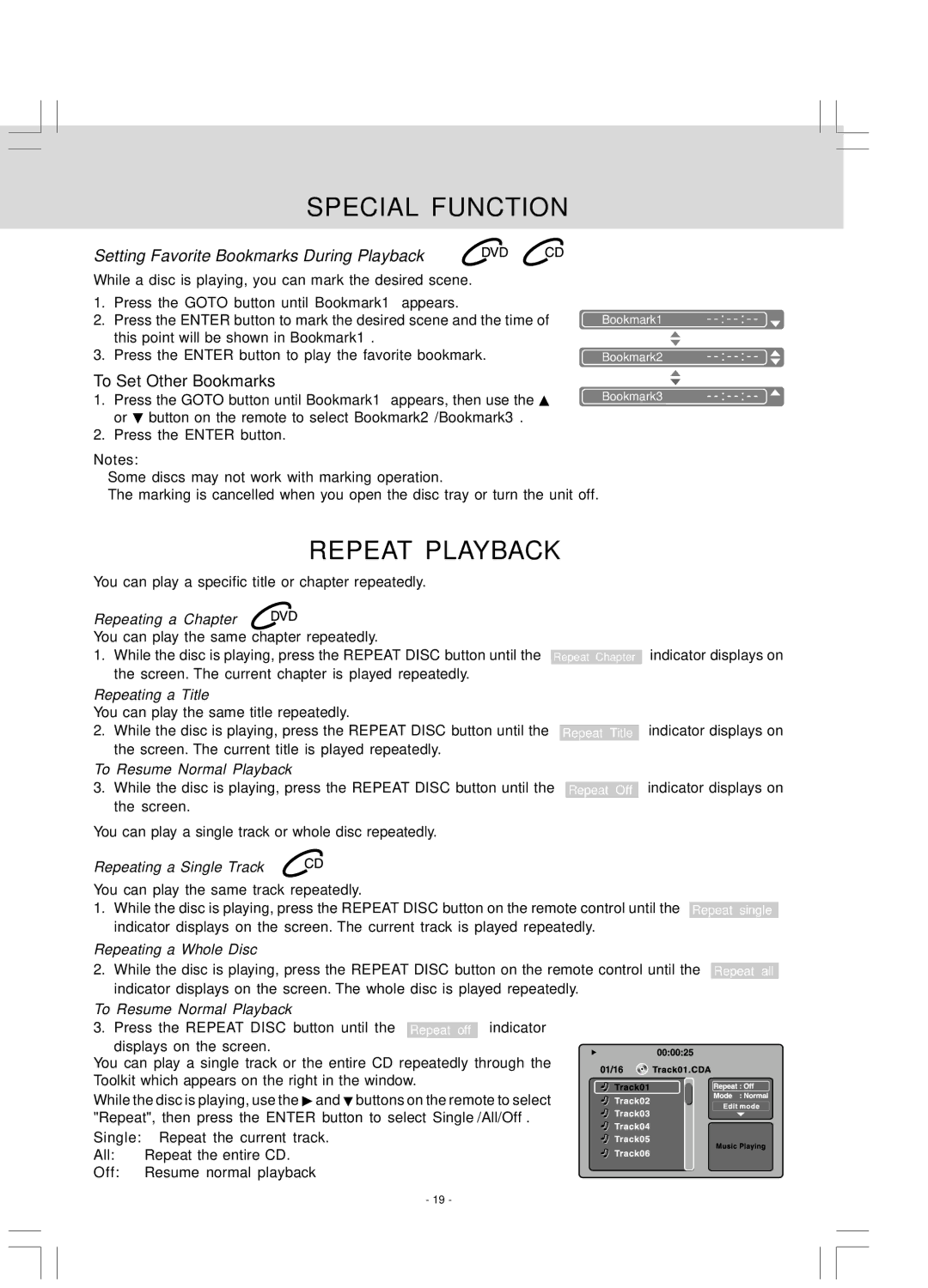 Venturer LCD Kitchen TV owner manual Repeat Playback, Setting Favorite Bookmarks During Playback 