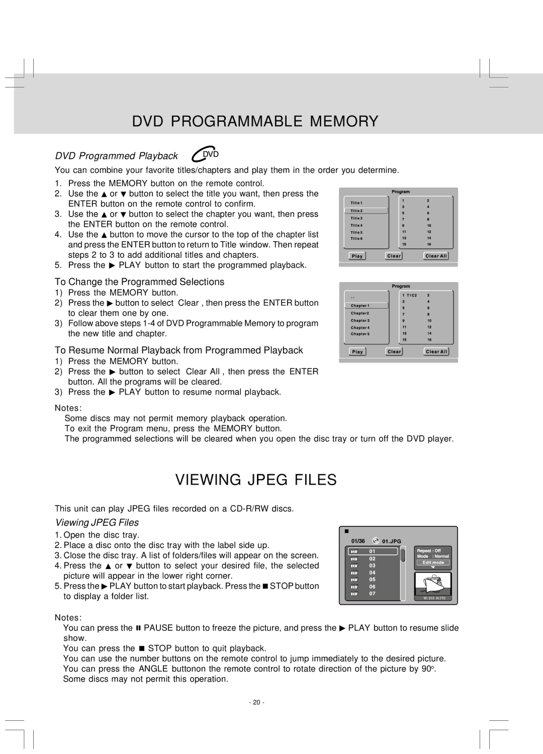 Venturer LCD Kitchen TV owner manual DVD Programmable Memory, Viewing Jpeg Files, DVD Programmed Playback 