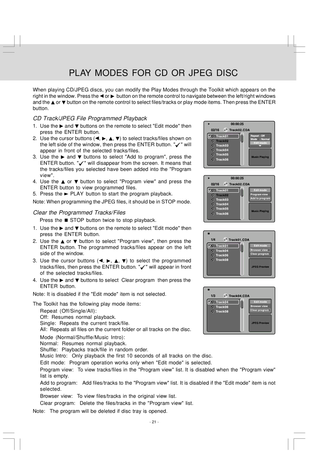 Venturer LCD Kitchen TV Play Modes for CD or Jpeg Disc, CD Track/JPEG File Programmed Playback, Repeat Off/Single/All 