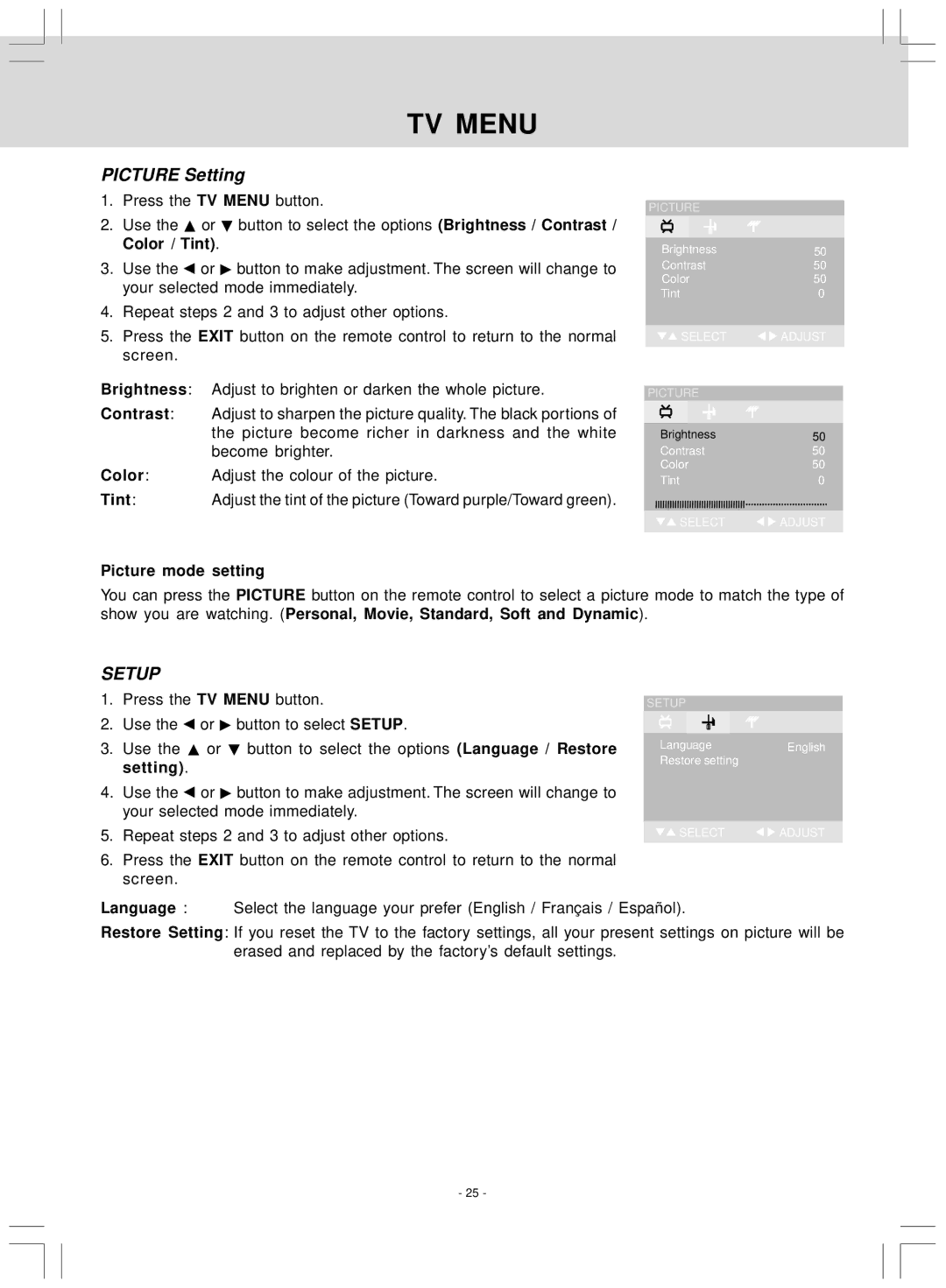 Venturer LCD Kitchen TV owner manual TV Menu, Picture Setting, Picture mode setting 