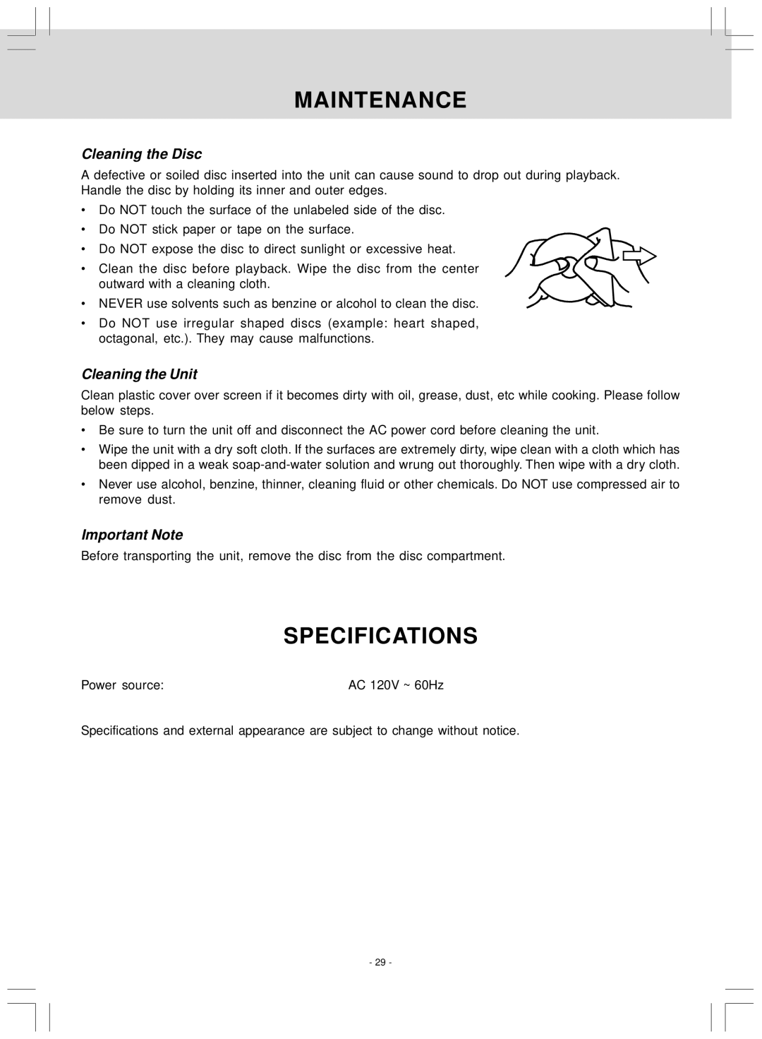 Venturer LCD Kitchen TV owner manual Maintenance, Specifications, Cleaning the Disc, Cleaning the Unit, Important Note 