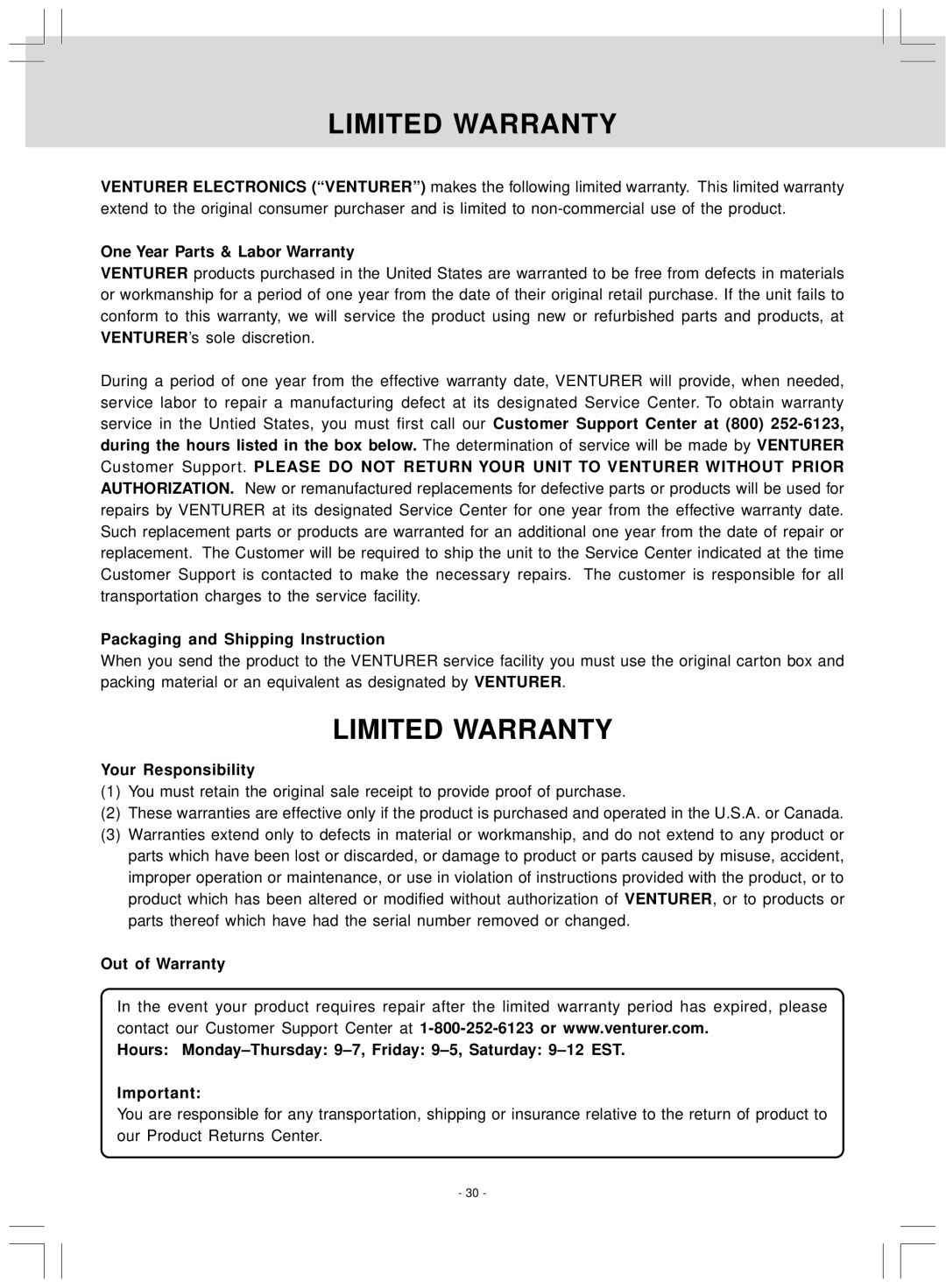 Venturer LCD Kitchen TV owner manual Limited Warranty, One Year Parts & Labor Warranty, Packaging and Shipping Instruction 