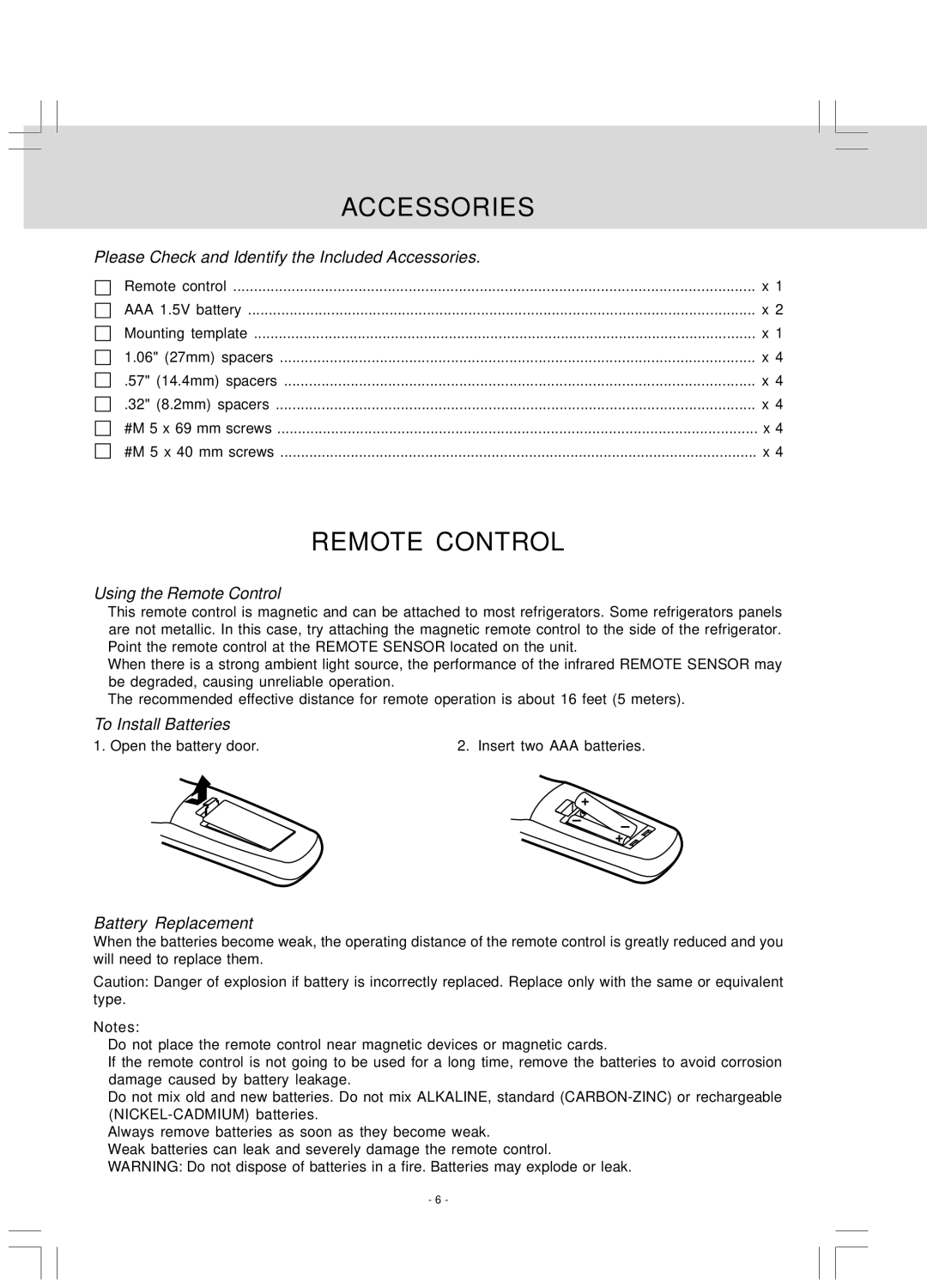 Venturer LCD Kitchen TV owner manual Accessories, Remote Control 