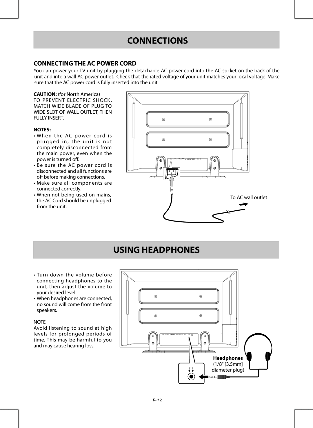 Venturer PDV28420C owner manual Using Headphones, Connecting the AC Power Cord, Headphones 1/8 3.5mm diameter plug 