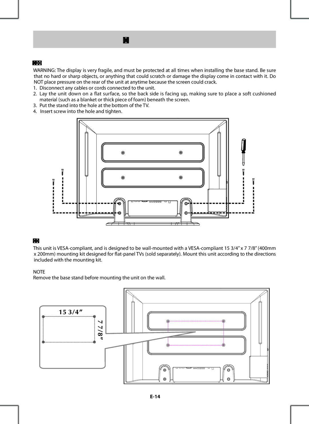 Venturer PDV28420C owner manual Installation, Installing the Base Stand, Mounting on the Wall 