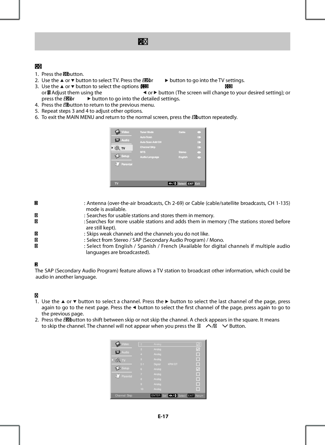 Venturer PDV28420C owner manual Tuner Mode, Auto Scan, Channel Skip, Audio Language 