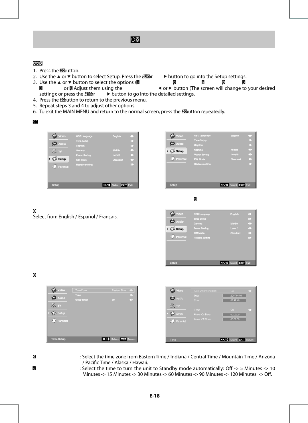 Venturer PDV28420C owner manual Setup Menu, Time Zone, Sleep Timer 