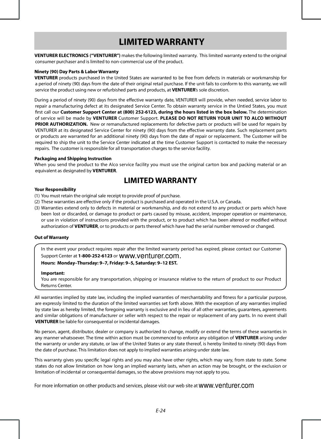 Venturer PDV28420C owner manual Limited Warranty 