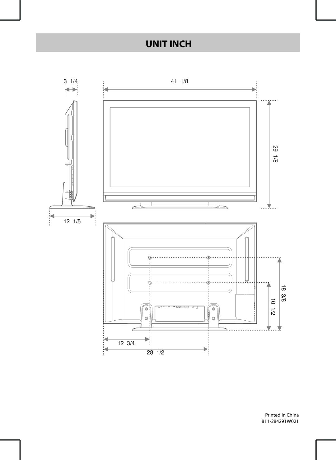 Venturer PDV28420C owner manual Unit Inch, 29 1/8 12 1/5 10 1/2 12 3/4 28 1/2 18 3/8 