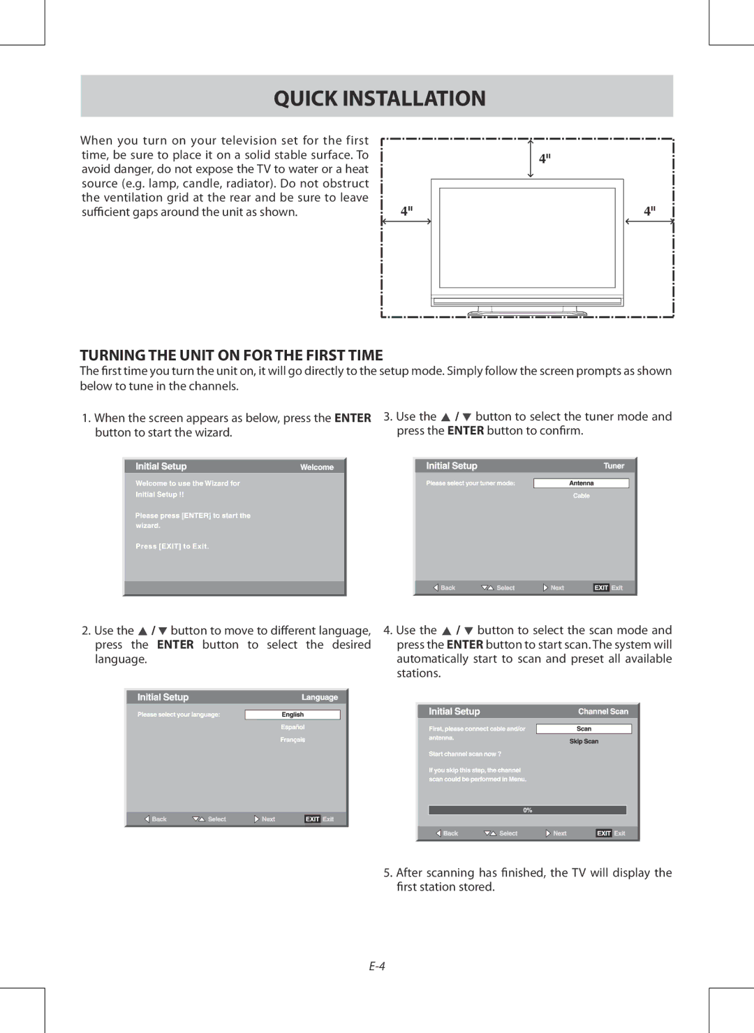 Venturer PDV28420C owner manual Quick Installation, Turning the Unit on for the First Time 