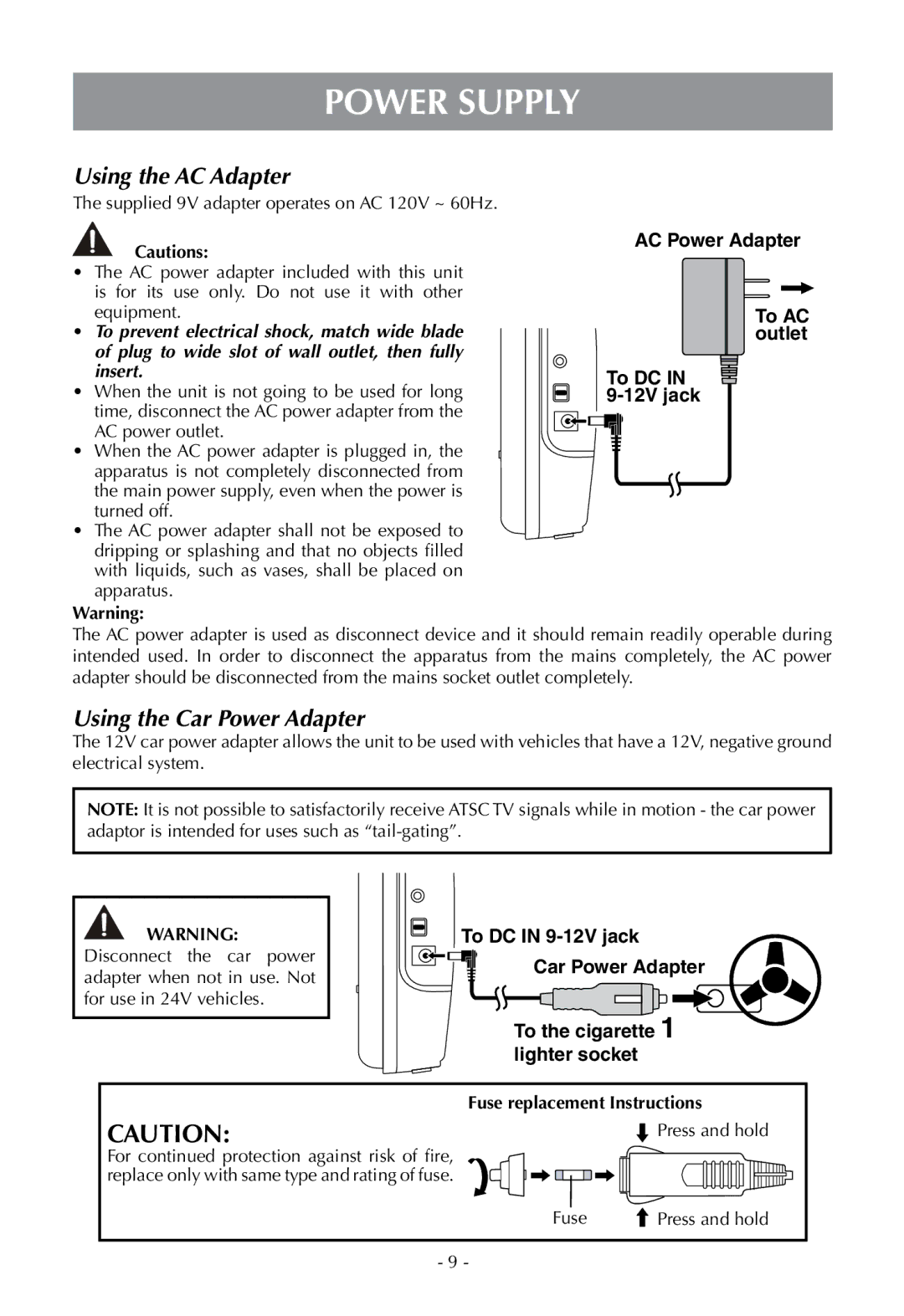 Venturer PLV16070 Power supply, Using the AC Adapter, Using the Car Power Adapter, Fuse replacement Instructions 