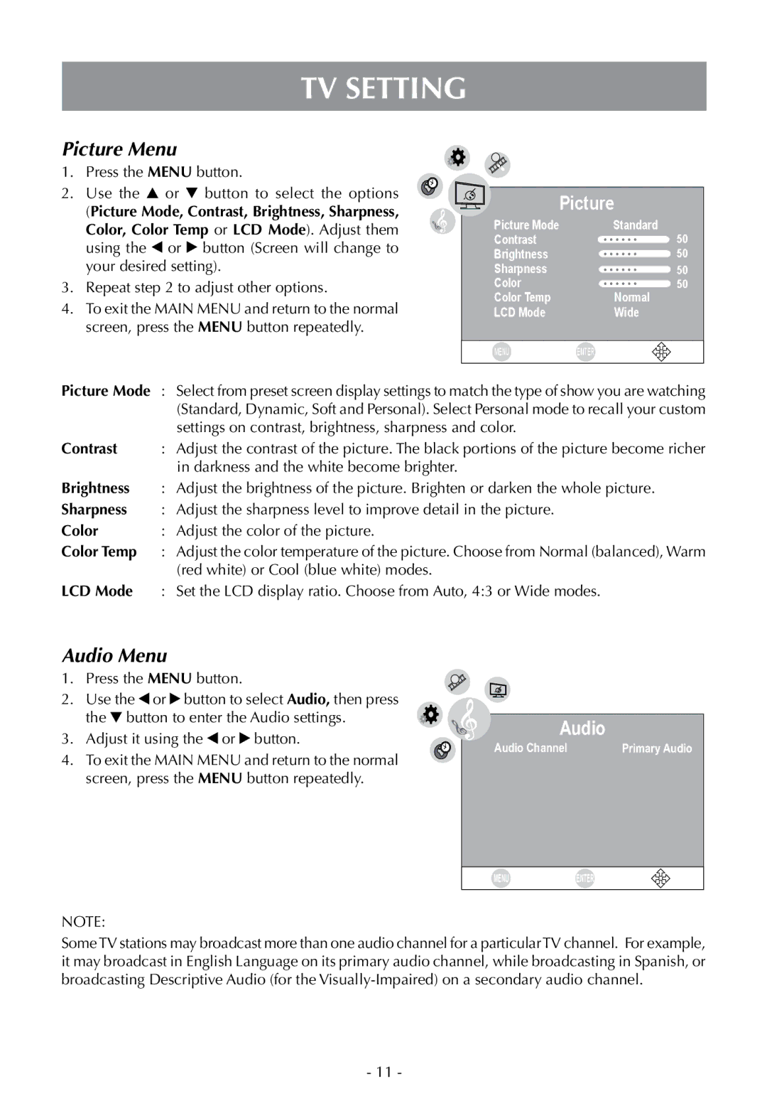 Venturer PLV16070 instruction manual Tv setting, Picture Menu, Audio Menu 