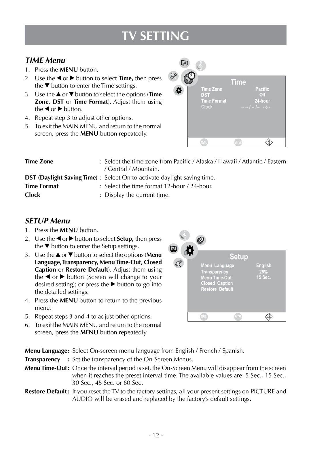 Venturer PLV16070 instruction manual Time Menu, Setup Menu 