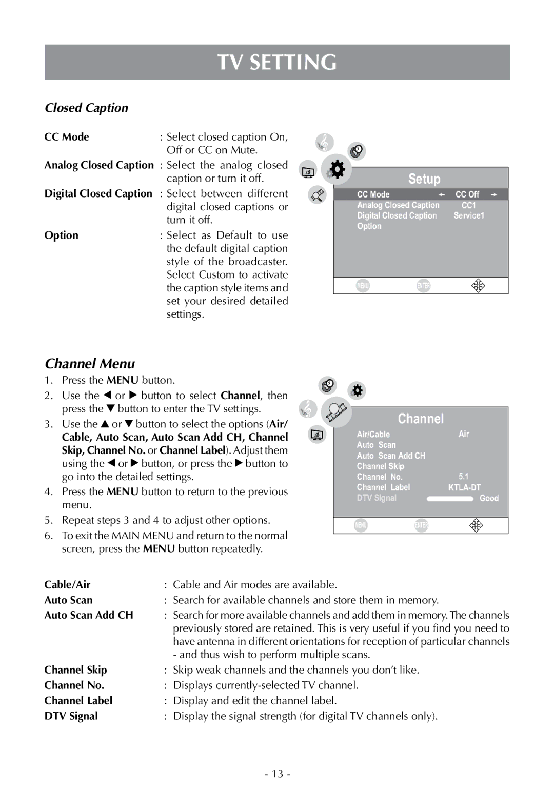 Venturer PLV16070 instruction manual Channel Menu 