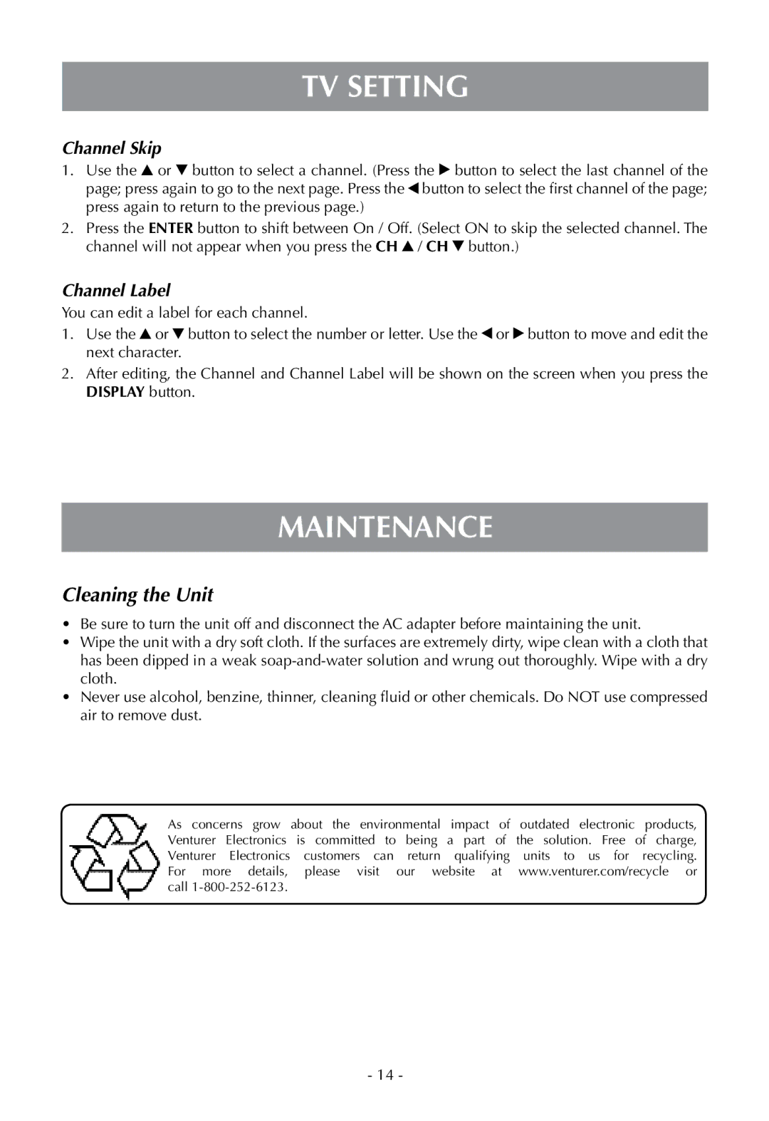 Venturer PLV16070 instruction manual Maintenance, Cleaning the Unit 