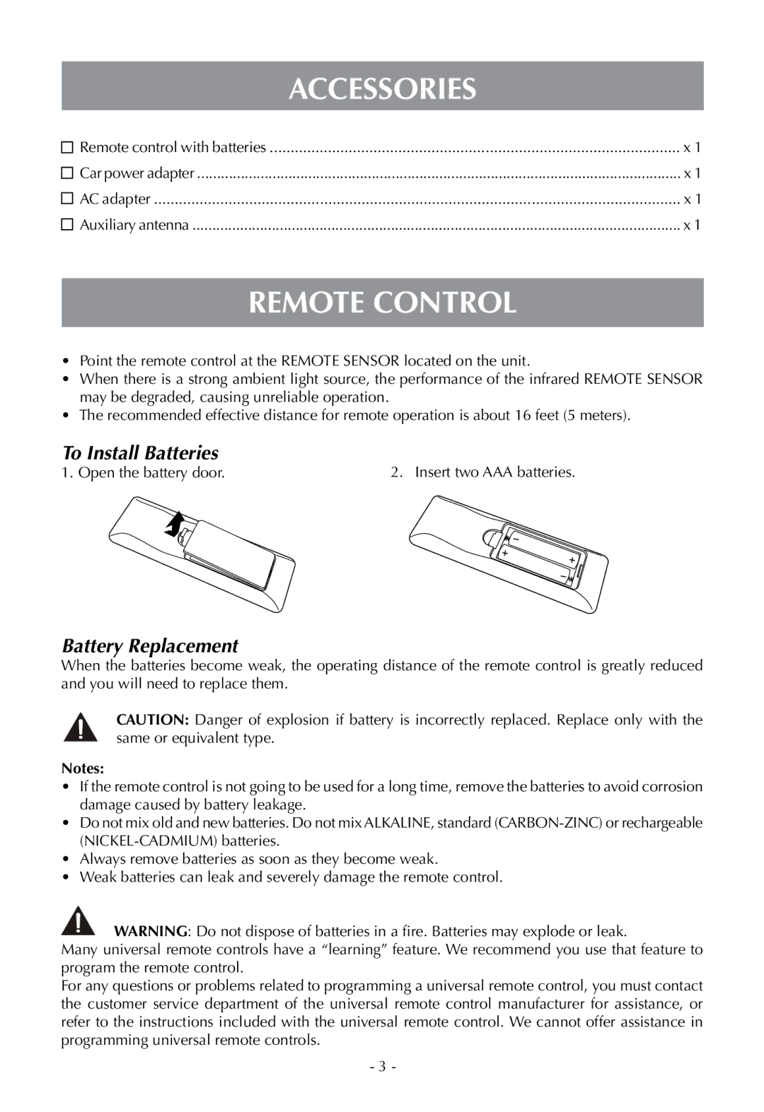 Venturer PLV16070 instruction manual Accessories, Remote control, To Install Batteries, Battery Replacement 