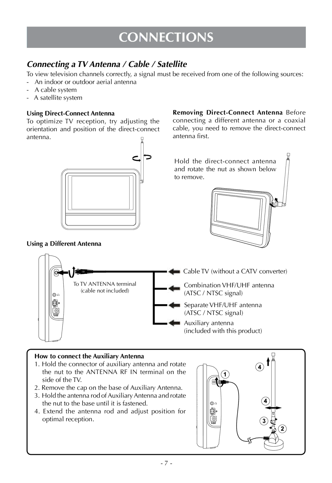 Venturer PLV16070 instruction manual Connections, Connecting a TV Antenna / Cable / Satellite, Using a Different Antenna 