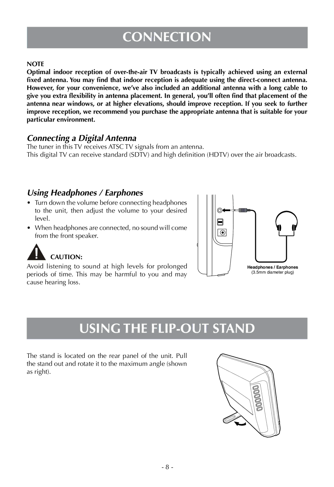 Venturer PLV16070 Connection, Using the flip-out Stand, Connecting a Digital Antenna, Using Headphones / Earphones 