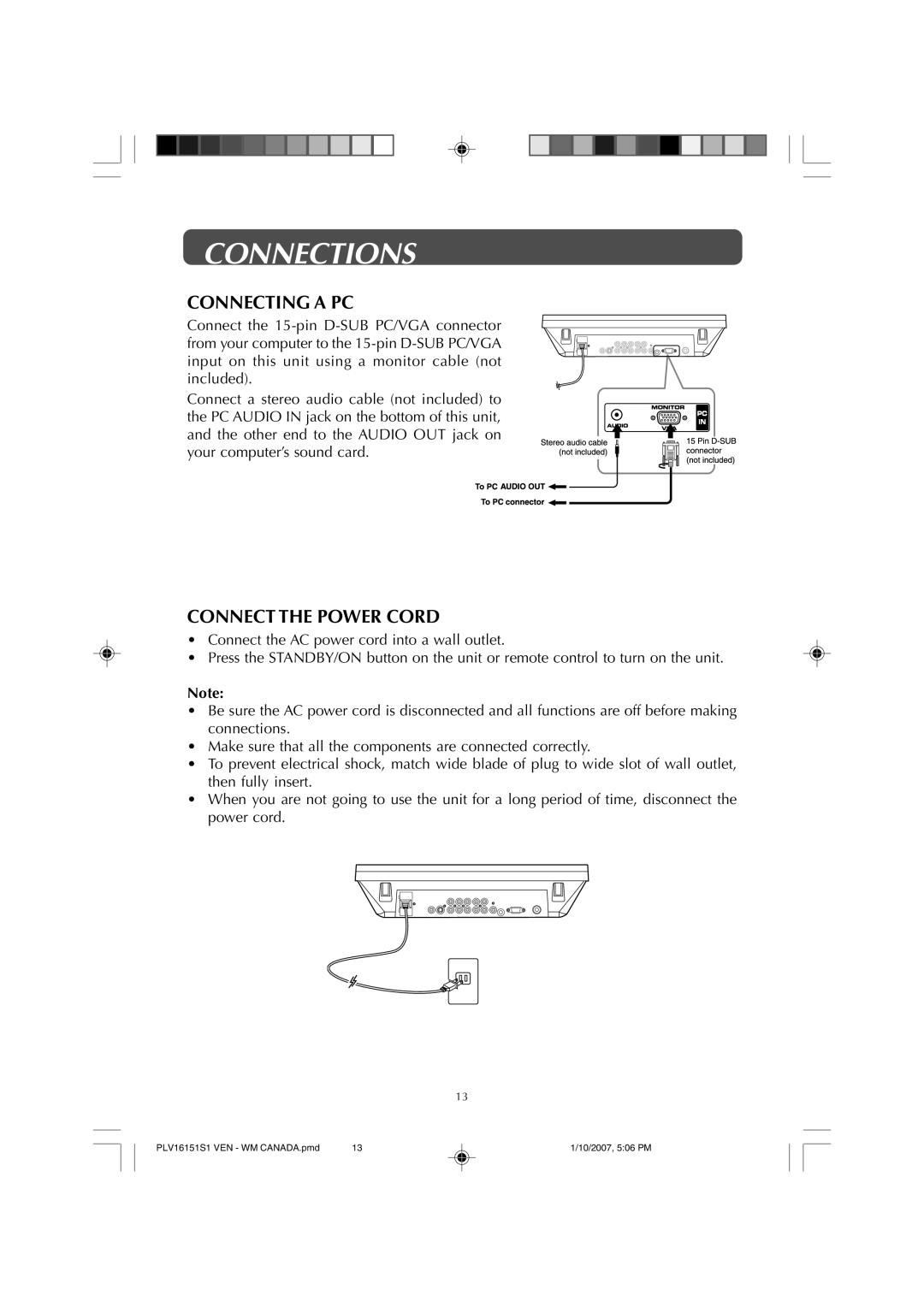 Venturer PLV1615S owner manual Connecting a PC, Connect the Power Cord 