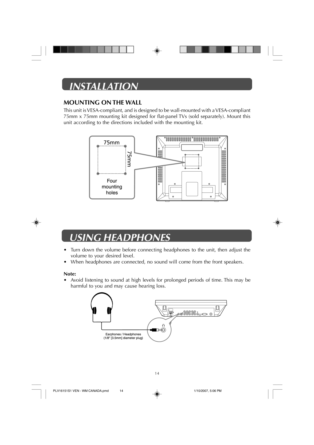 Venturer PLV1615S owner manual Installation, Using Headphones, Mounting on the Wall 