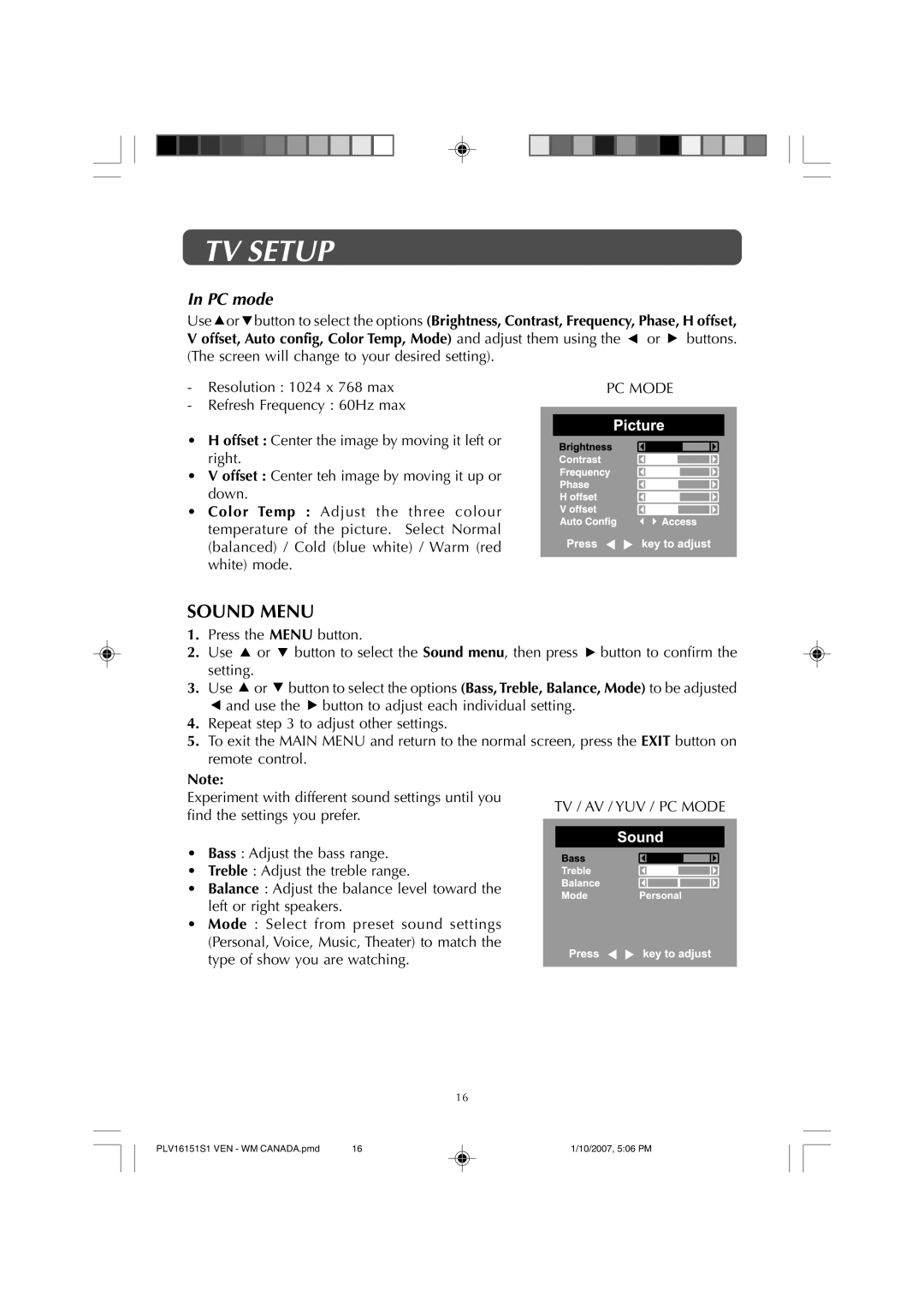 Venturer PLV1615S owner manual Sound Menu, PC mode 