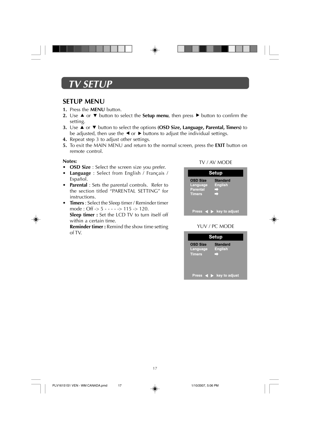 Venturer PLV1615S owner manual Setup Menu 