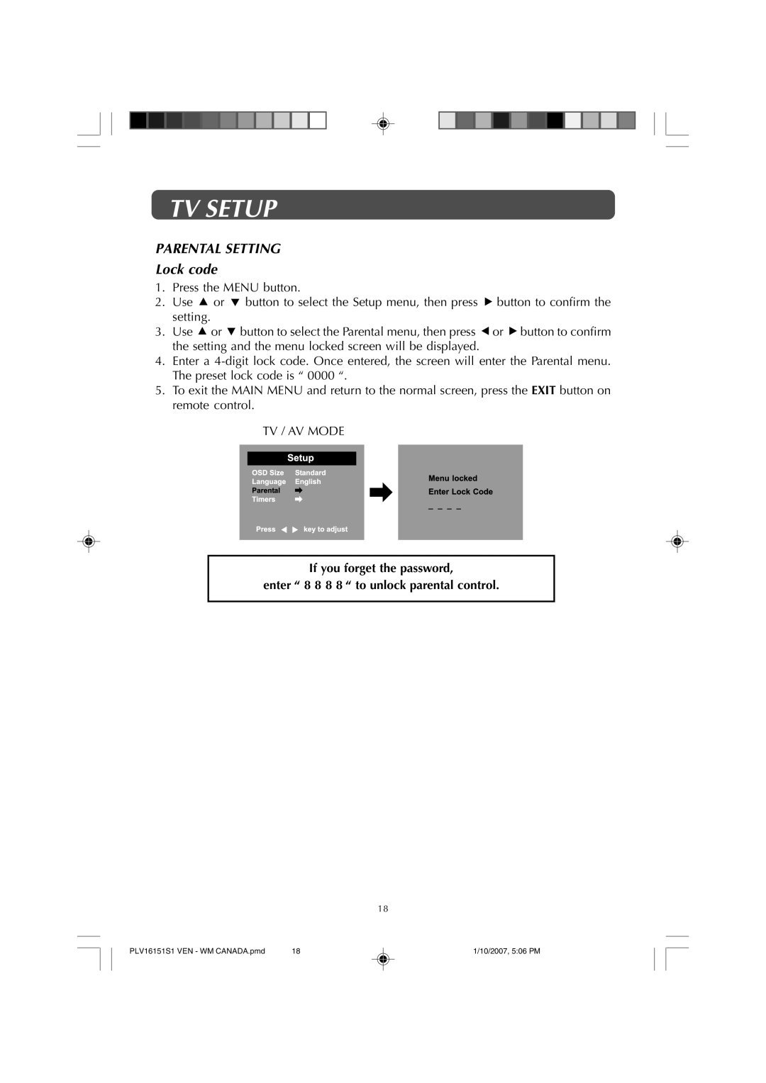 Venturer PLV1615S owner manual Parental Setting, Lock code 