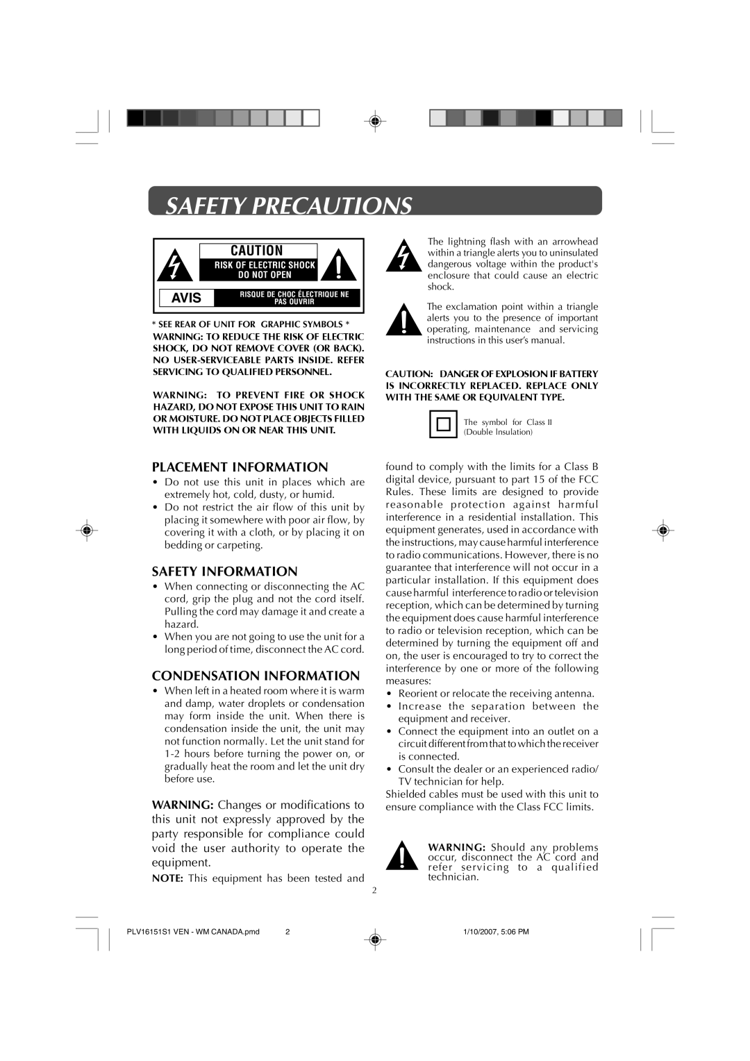 Venturer PLV1615S owner manual Safety Precautions, Avis 