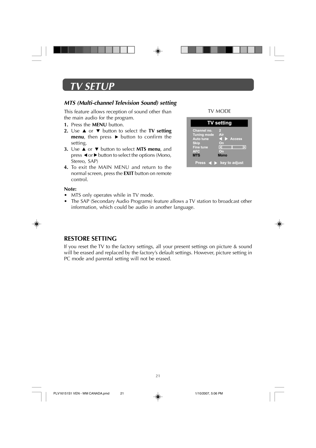 Venturer PLV1615S owner manual Restore Setting, MTS Multi-channel Television Sound setting 