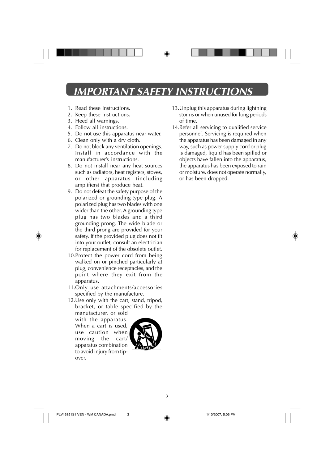 Venturer PLV1615S owner manual Important Safety Instructions 