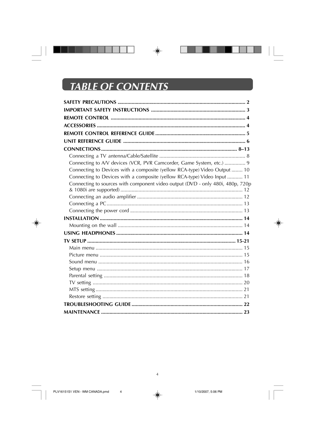 Venturer PLV1615S owner manual Table of Contents 