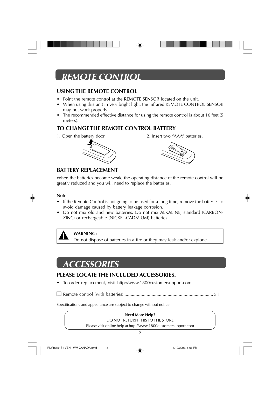 Venturer PLV1615S owner manual Remote Control, Accessories 