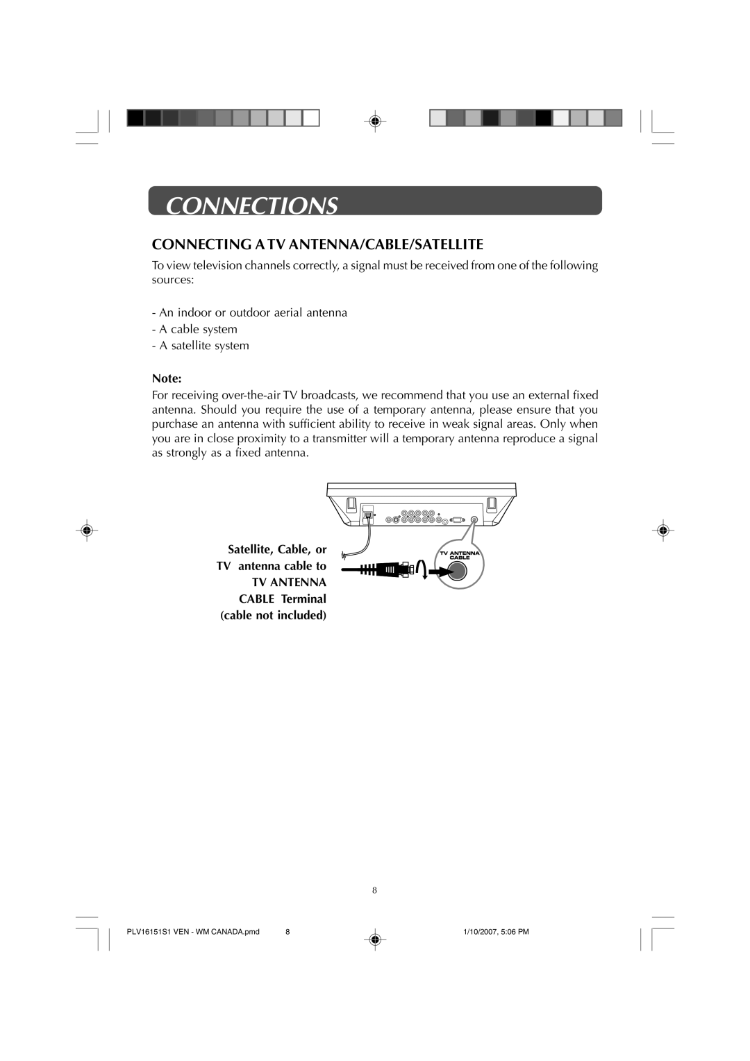 Venturer PLV1615S owner manual Connections, Connecting a TV ANTENNA/CABLE/SATELLITE 