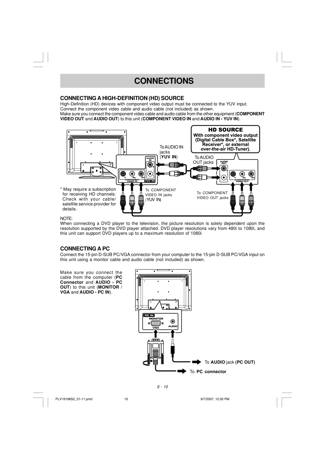 Venturer PLV16198 Connecting a HIGH-DEFINITION HD Source, Connecting a PC, To Audio jack PC OUT To PC connector 