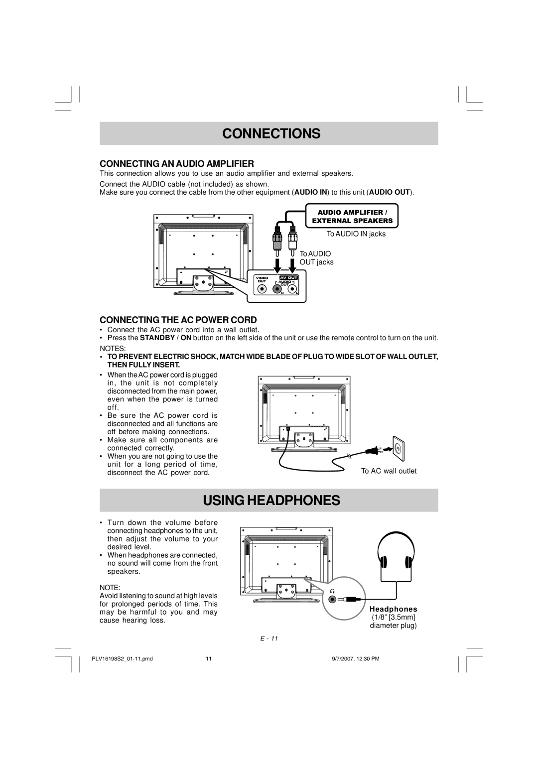 Venturer PLV16198 instruction manual Using Headphones, Connecting AN Audio Amplifier, Connecting the AC Power Cord 