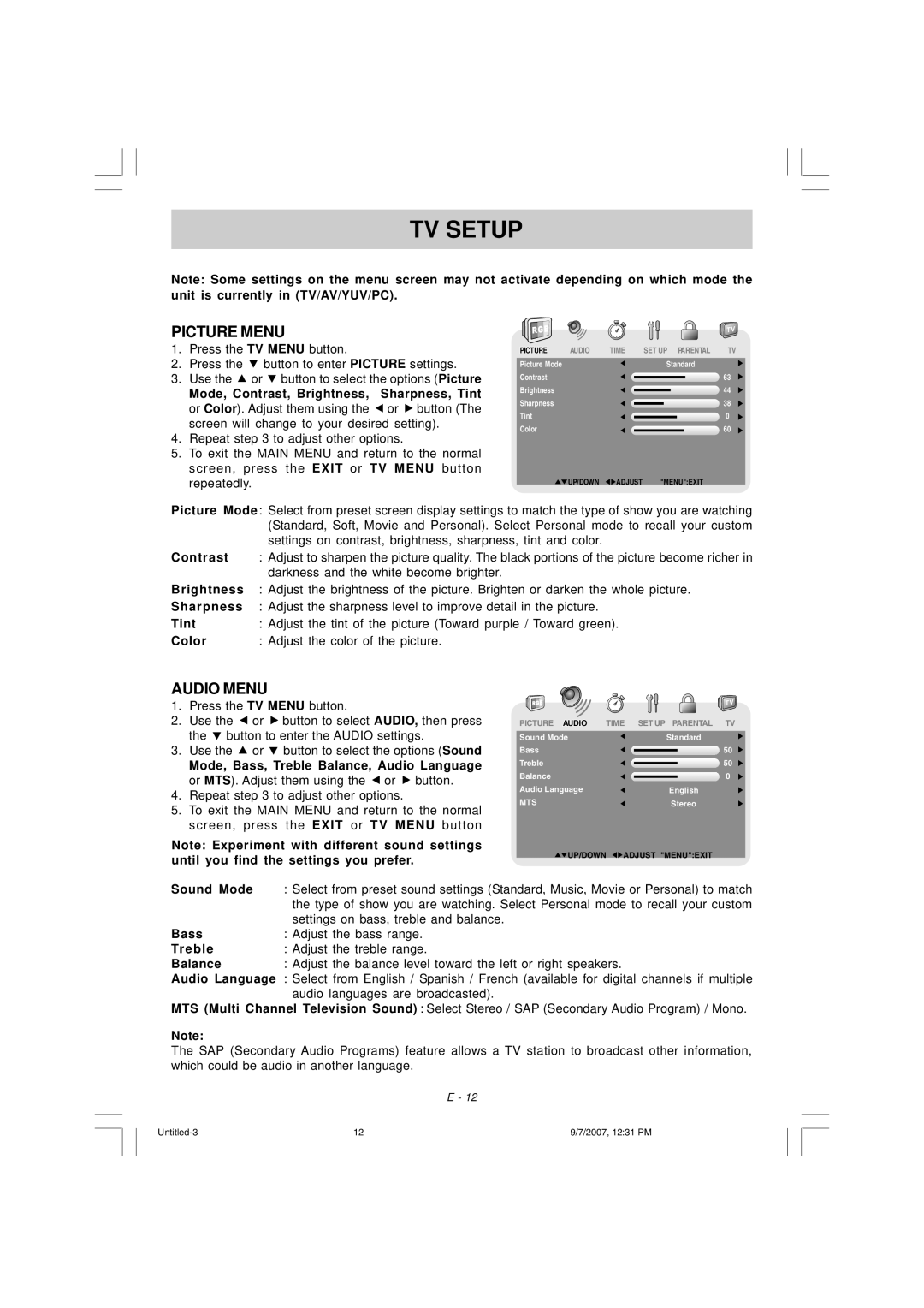 Venturer PLV16198 instruction manual TV Setup, Picture Menu, Audio Menu 