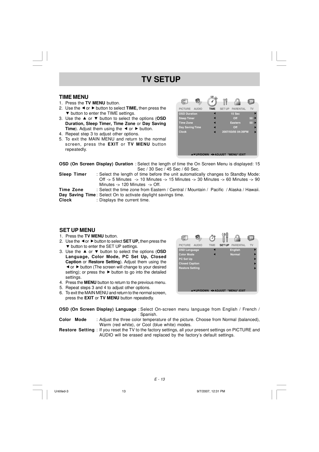 Venturer PLV16198 instruction manual Time Menu, SET UP Menu, Sleep Timer, Time Zone, Clock 