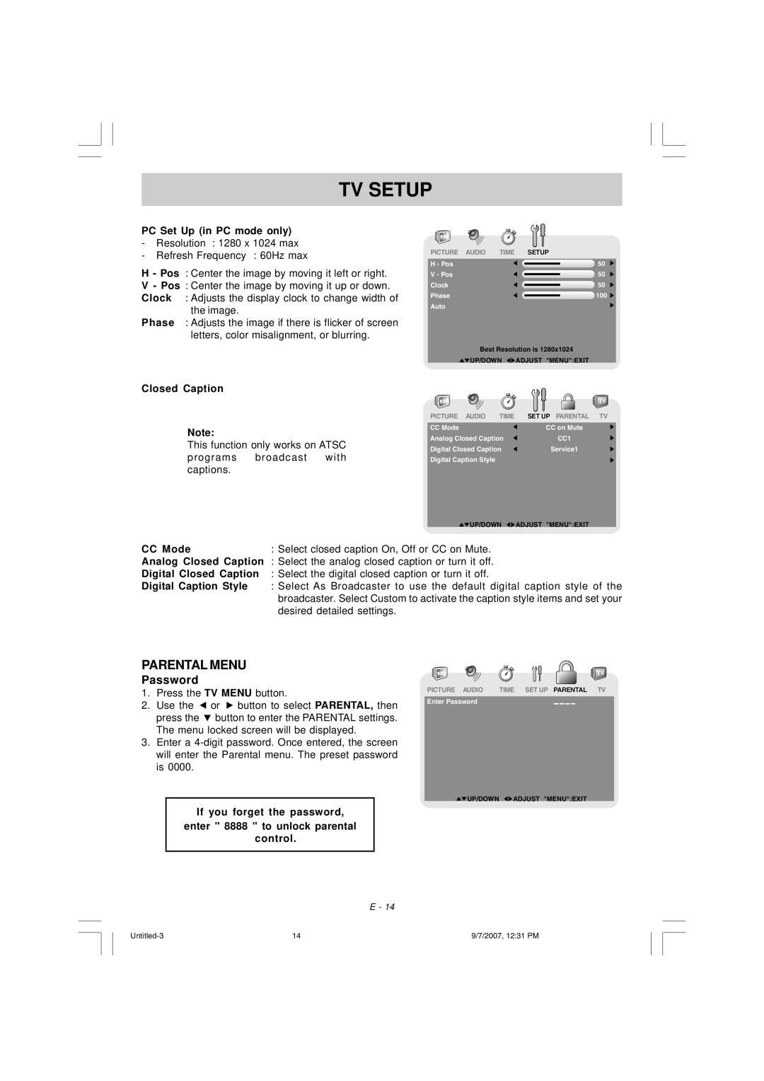 Venturer PLV16198 instruction manual Parental Menu 