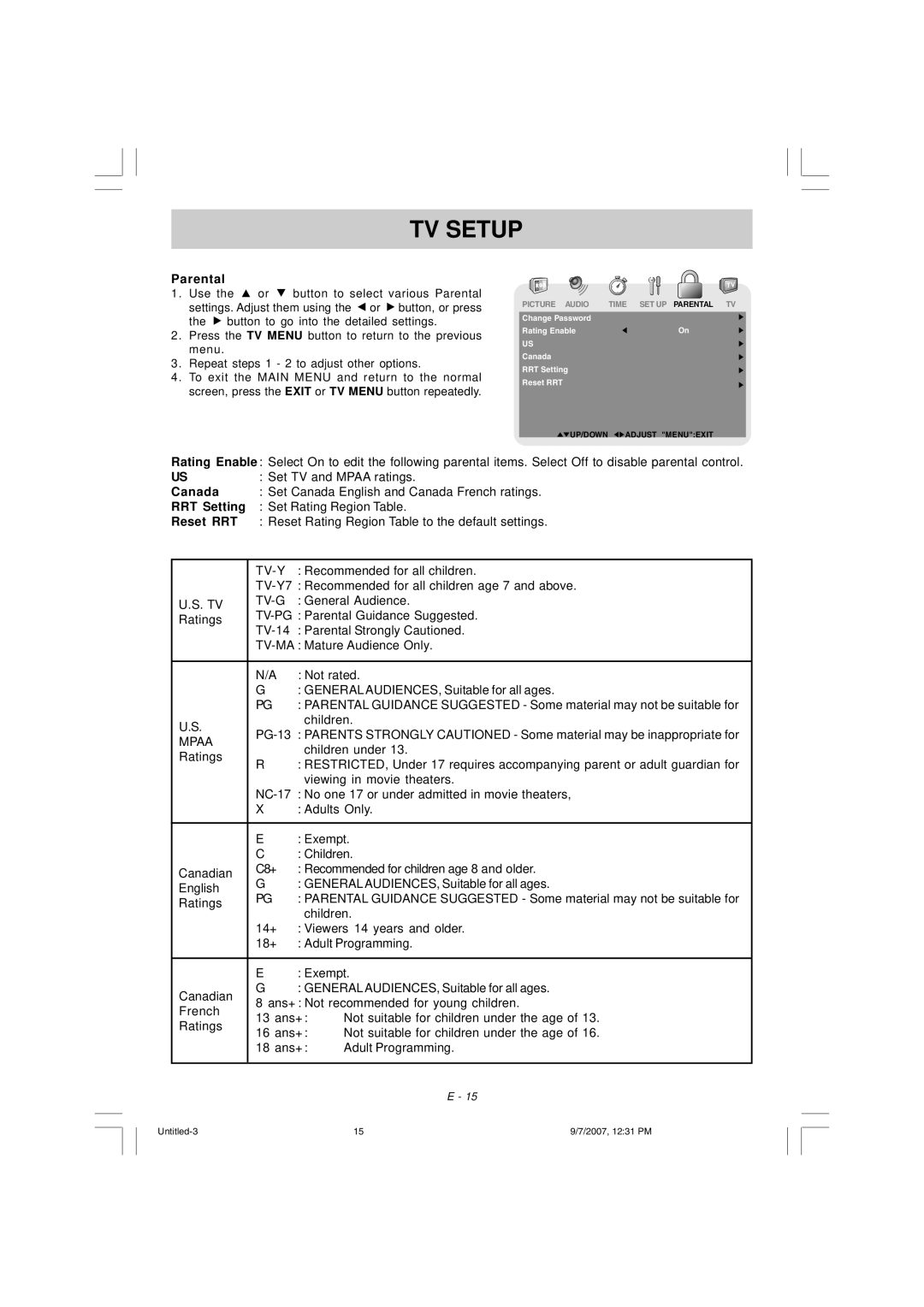 Venturer PLV16198 instruction manual Parental, Canada, RRT Setting, Reset RRT 