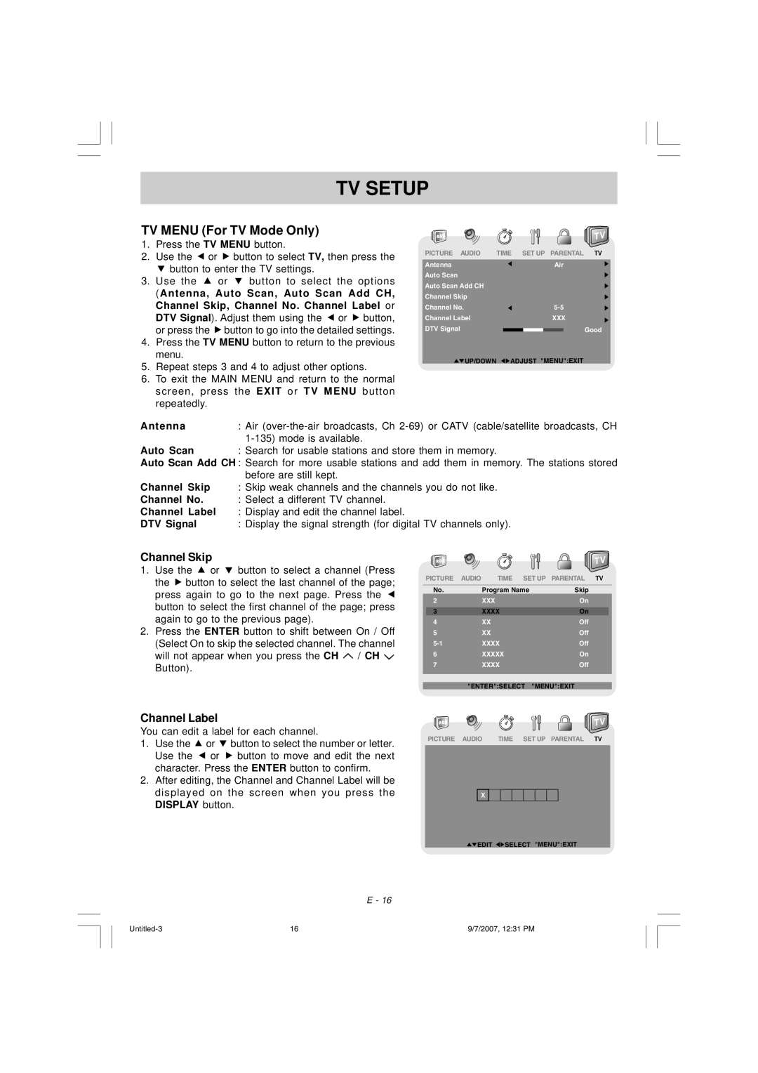 Venturer PLV16198 instruction manual Antenna, Auto Scan, Channel Skip, Channel No, Channel Label, DTV Signal 