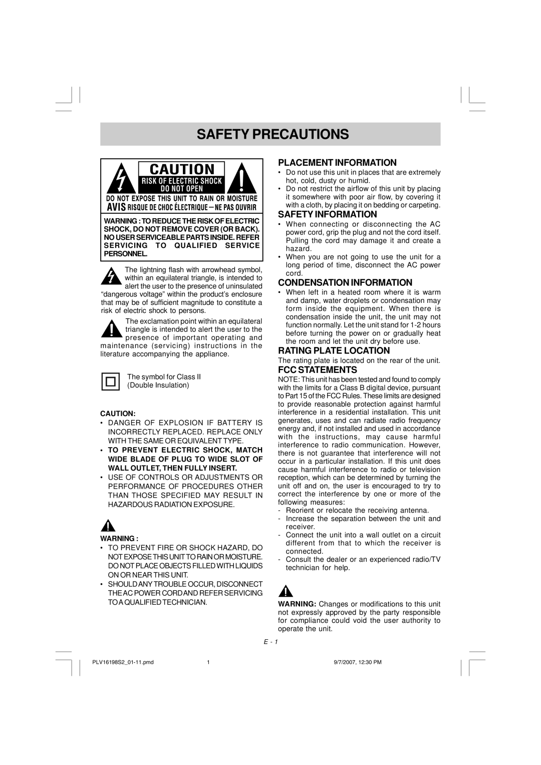 Venturer PLV16198 instruction manual Safety Precautions 