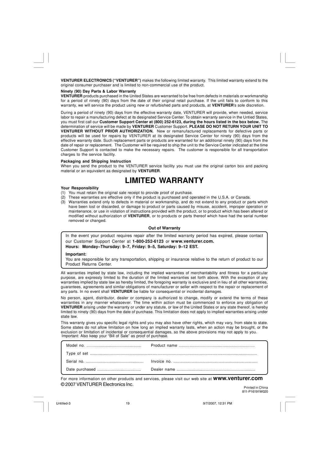 Venturer PLV16198 instruction manual Limited Warranty 