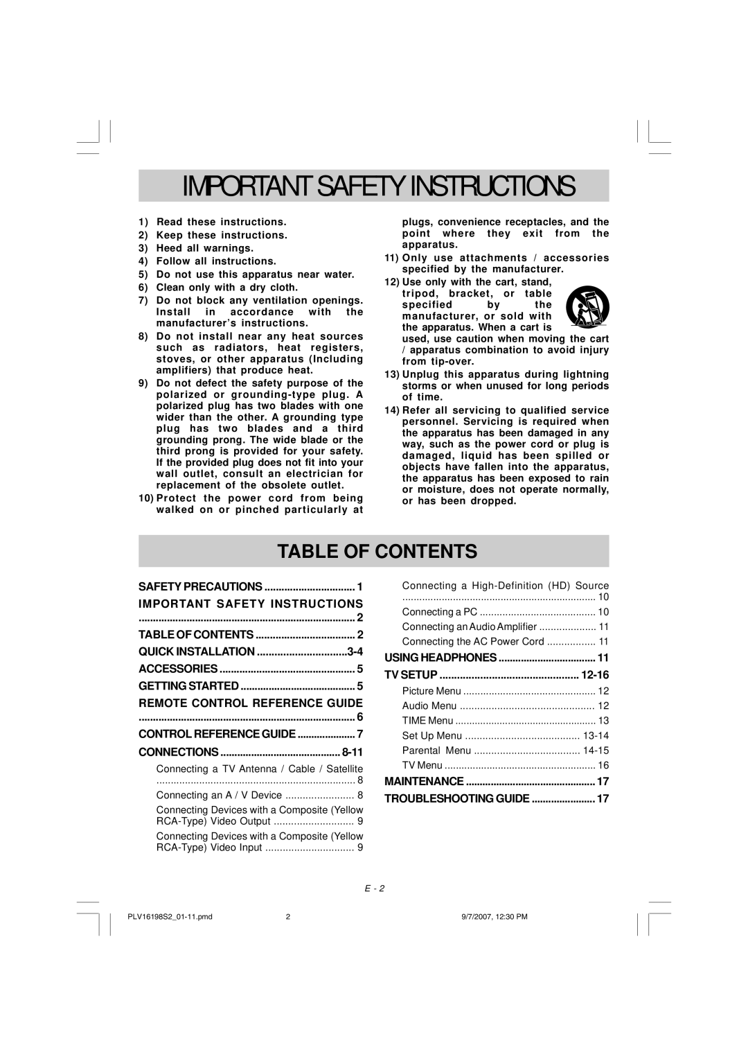 Venturer PLV16198 instruction manual Important Safety Instructions, Table of Contents 