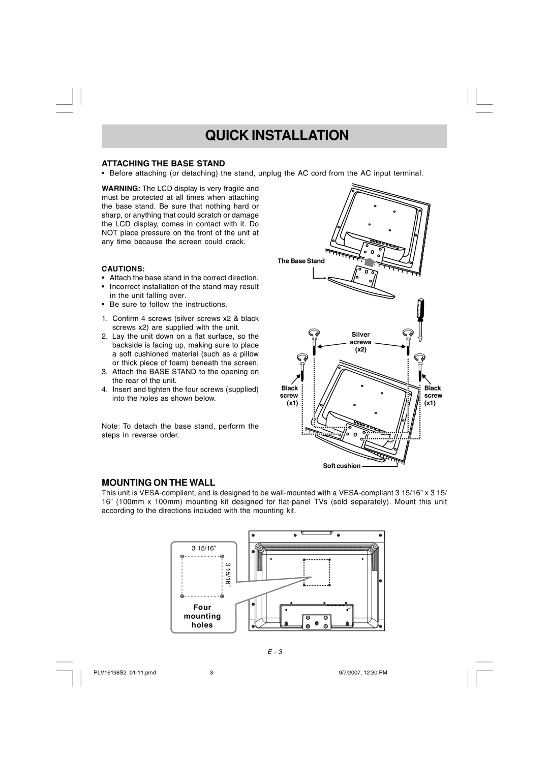 Venturer PLV16198 instruction manual Quick Installation, Mounting on the Wall 