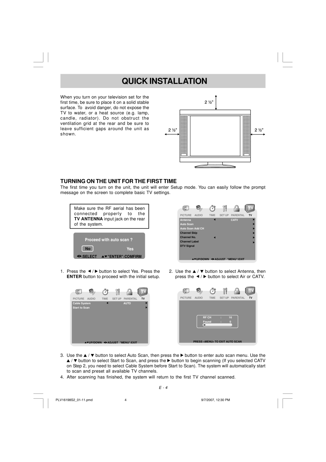 Venturer PLV16198 instruction manual Turning on the Unit for the First Time, Proceed with auto scan ? 