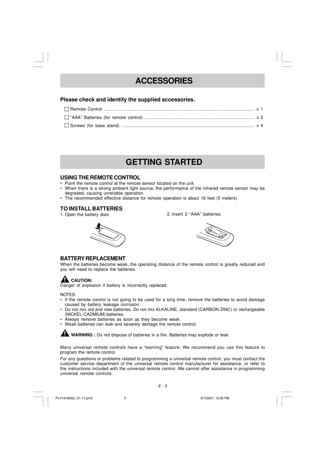 Venturer PLV16198 Accessories, Getting Started, Using the Remote Control, To Install Batteries, Battery Replacement 